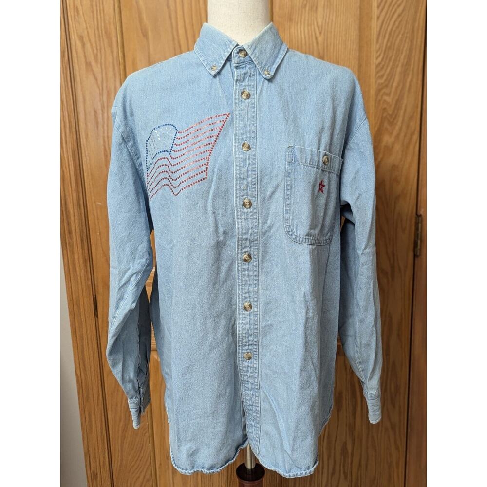 Vintage LA Loving Denim Shirt Womans Sz Medium Long Sleeve Button Down USA Flag